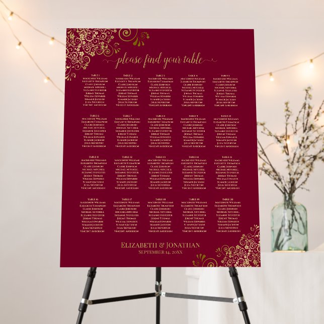 20 Table Gold frills Seating Chart Burgundy Maroon Foam Board (In Situ (Stand))