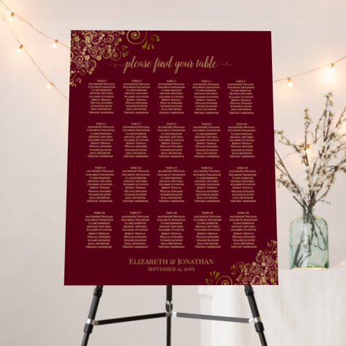 20 Table Gold frills Seating Chart Burgundy Maroon Foam Board