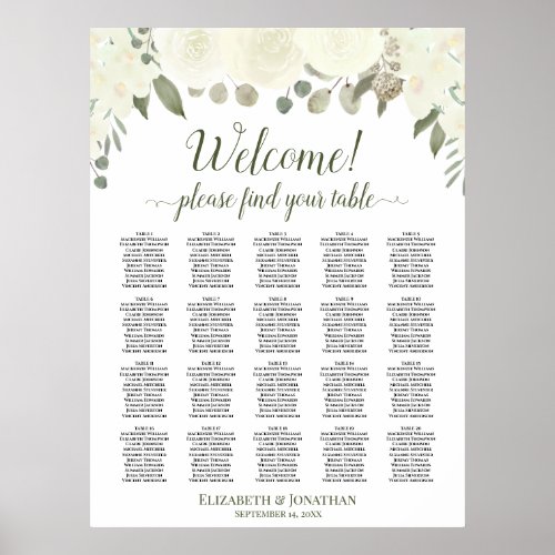 20 Table Ivory White Roses Wedding Seating Chart