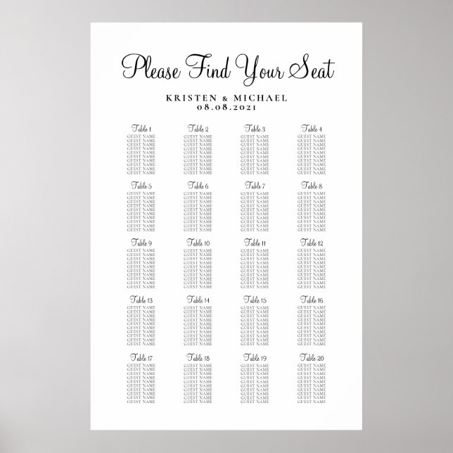 20 Table Large Wedding Guest Seating Chart (Front)
