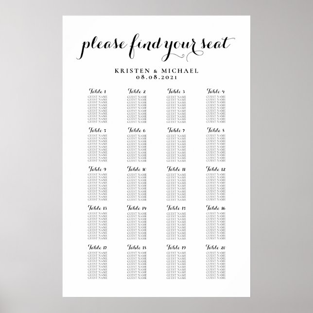 20 Table Large Wedding Guest Seating Chart (Front)