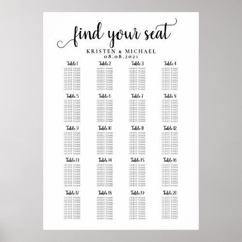 20 Table Large Wedding Guest Seating Chart