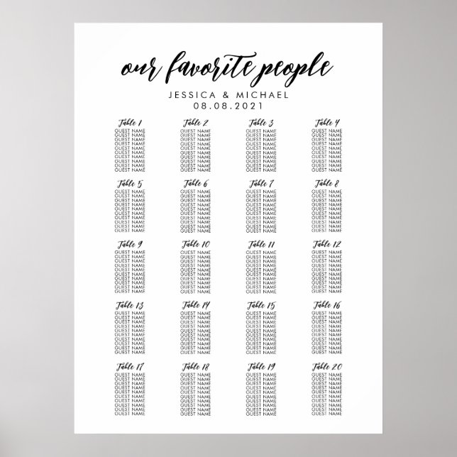 20 Table Large Wedding Guest Seating Chart (Front)