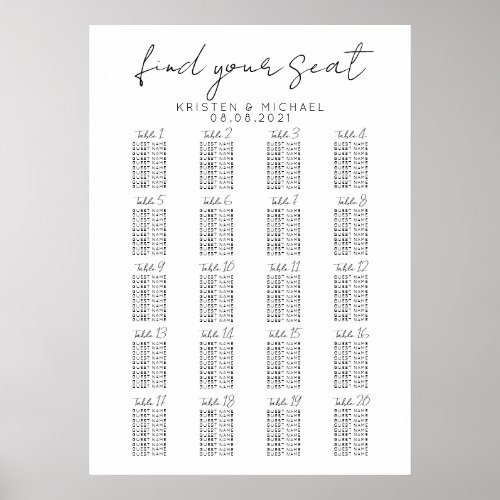 20 Table Large Wedding Guest Seating Chart
