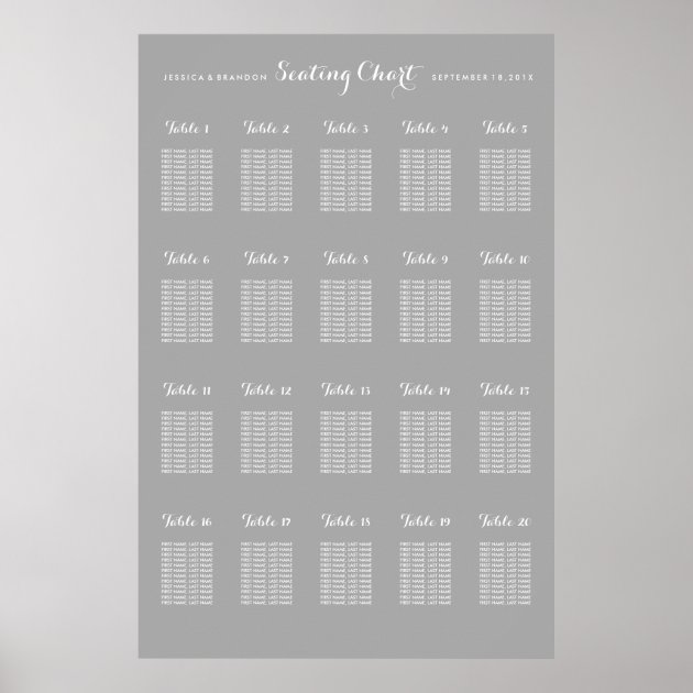 20 Table Large Wedding Seating Chart Poster