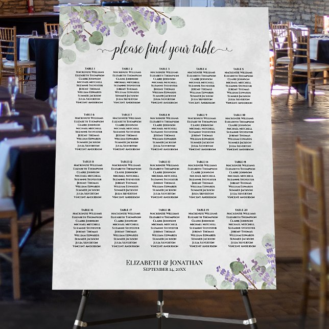 20 Table Lavender Eucalyptus Wedding Seating Chart Foam Board (In Situ on Stand at Reception)
