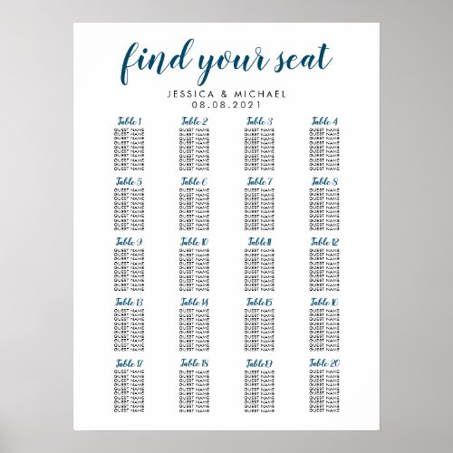 20 Table Navy Color Wedding Guest Seating Chart