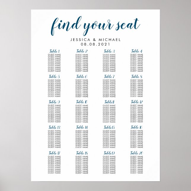 20 Table Navy Color Wedding Guest Seating Chart (Front)