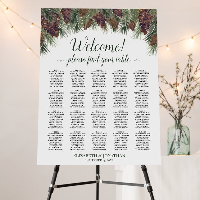 20 Table Pinecones & Boughs Wedding Seating Chart Foam Board (In Situ (Stand))