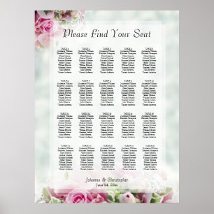 20 Table Pink Roses Wedding Seating Chart