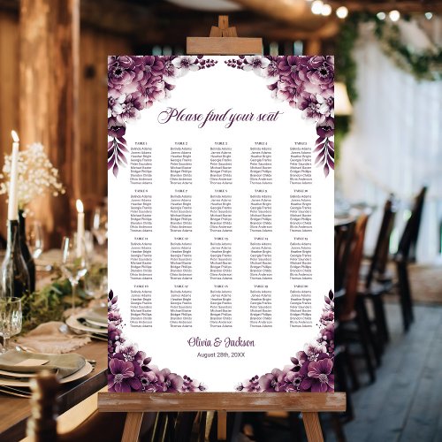 20 Table Plum Pink Floral Wedding Seating Chart Foam Board