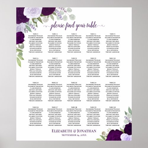 20 Table Purple Boho Floral Wedding Seating Chart
