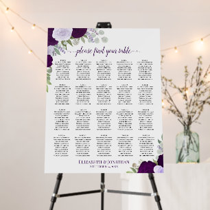 20 Table Purple Boho Roses Wedding Seating Chart Foam Board