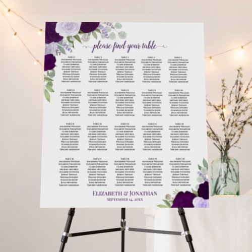 20 Table Purple Boho Roses Wedding Seating Chart Foam Board