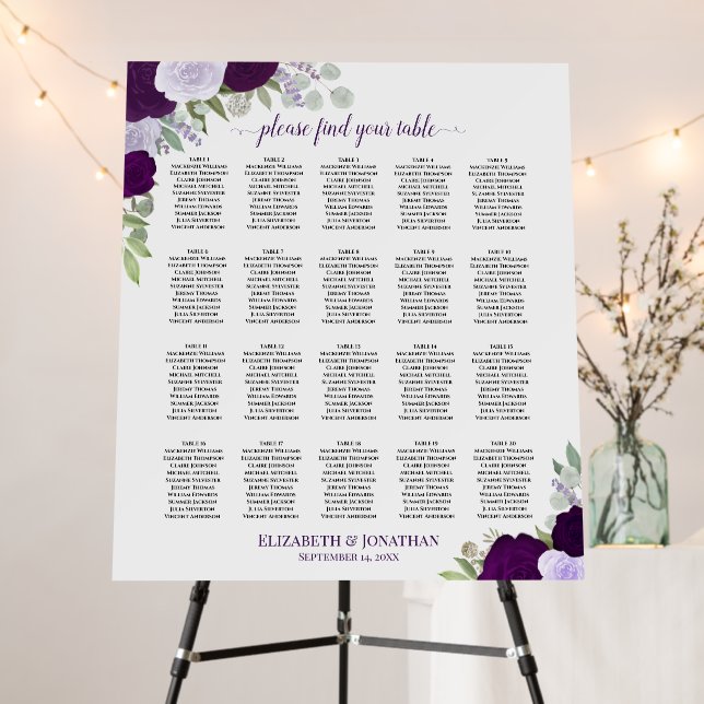 20 Table Purple Boho Roses Wedding Seating Chart Foam Board (In Situ (Stand))