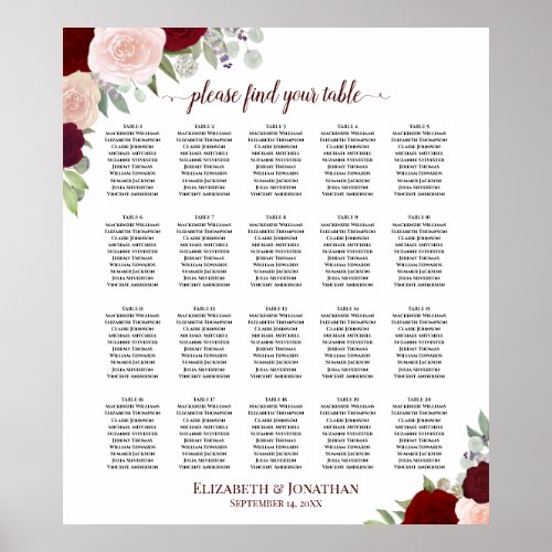 20 Table Red  Pink Floral Wedding Seating Chart