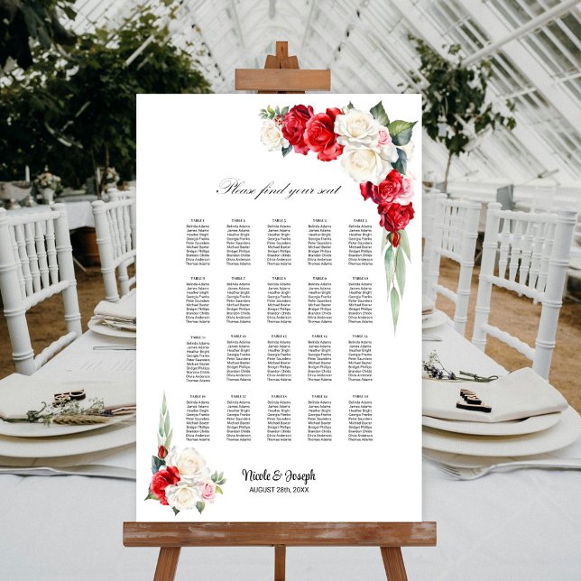20 Table Red White Rose Floral Seating Chart (Creator Uploaded)