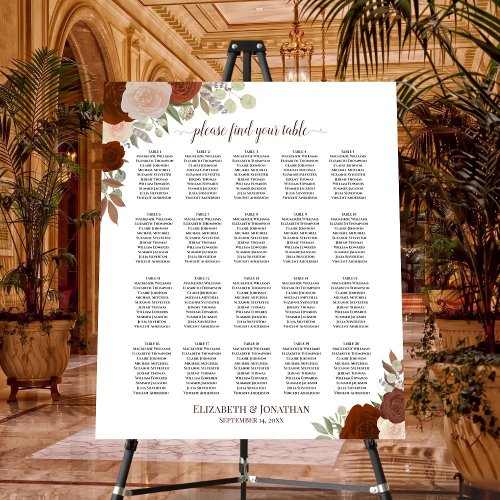 20 Table Rust Orange Floral Wedding Seating Chart Foam Board