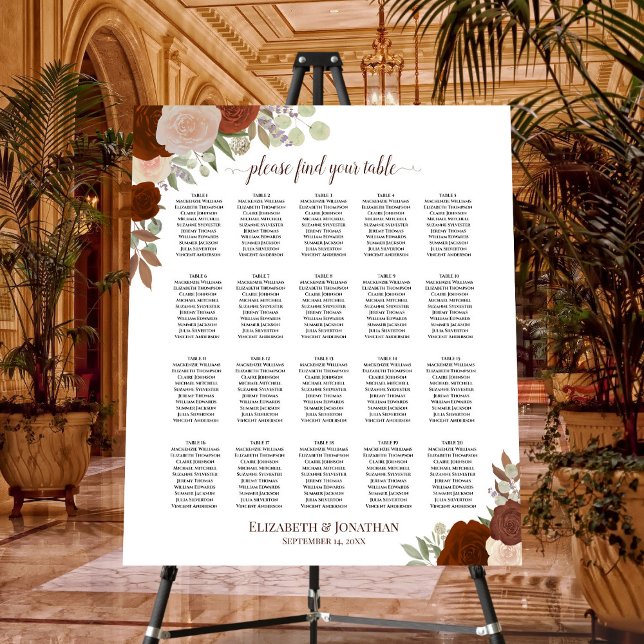 20 Table Rust Orange Floral Wedding Seating Chart Foam Board (In Situ on Stand at Venue)
