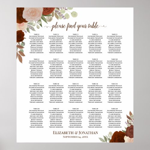 20 Table Rustic Autumn Roses Wedding Seating Chart