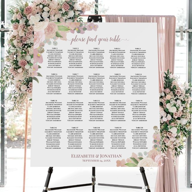 20 Table Rustic Pink Floral Wedding Seating Chart Foam Board (In Situ on Stand with Flowers)