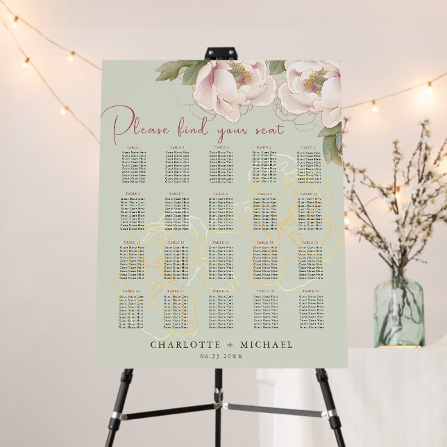 20-Table Sage & Blush Peony Wedding Seating Chart Foam Board (In Situ (Stand))