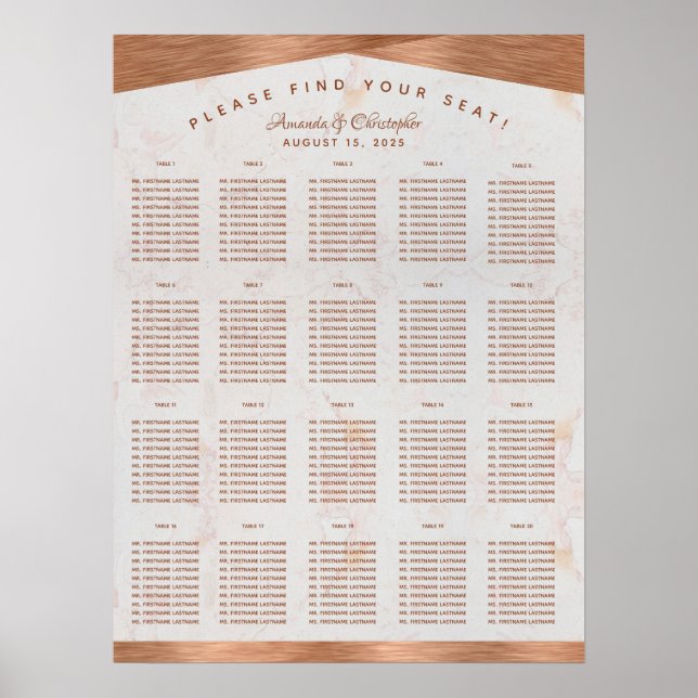 20 Table Seating Chart Wedding Marble Copper (Front)