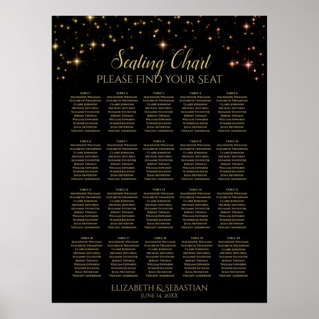 20 Table Shimmering Sparkles Wedding Seating Chart (Front)