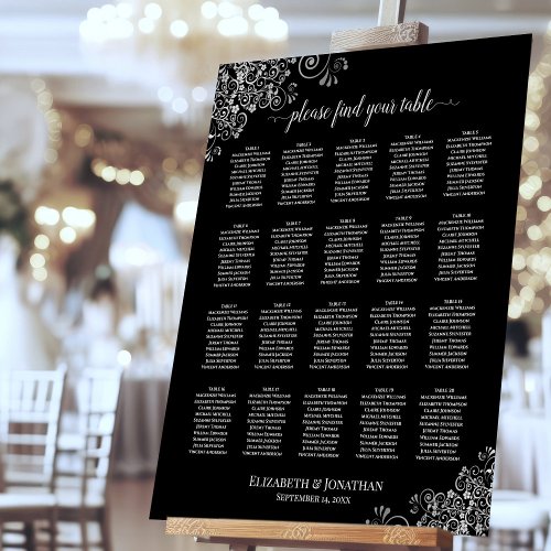 20 Table Silver Curls on Black Chic Seating Chart Foam Board