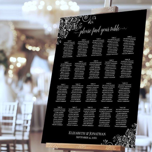 20 Table Silver Curls on Black Chic Seating Chart Foam Board (On Stand at Reception)