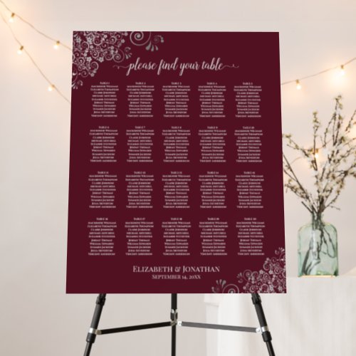 20 Table Silver Lace on Burgundy Seating Chart Foam Board