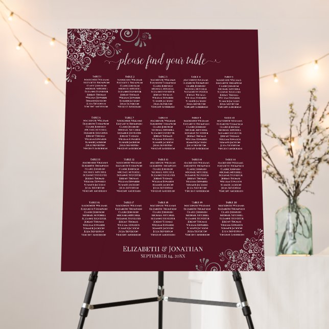 20 Table Silver Lace on Burgundy Seating Chart Foam Board (In Situ (Stand))
