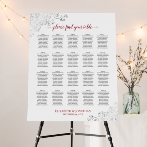 20 Table Silver Lace  Red on White Seating Chart Foam Board