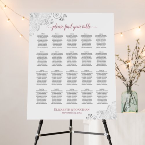 20 Table Silver Lace  Rose on White Seating Chart Foam Board