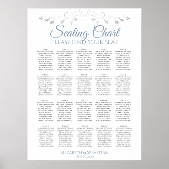20 Table Simple Blue & Gray Wedding Seating Chart (Front)