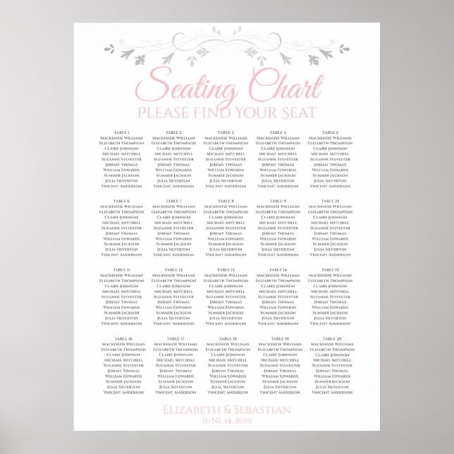 20 Table Simple Pink & Gray Wedding Seating Chart (Front)
