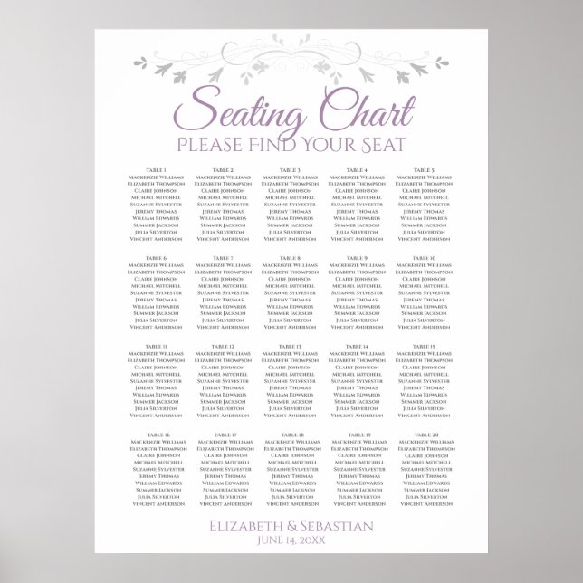 20 Table Simple Purple Gray Wedding Seating Chart (Front)