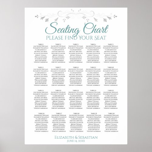 20 Table Simple Teal  Gray Wedding Seating Chart