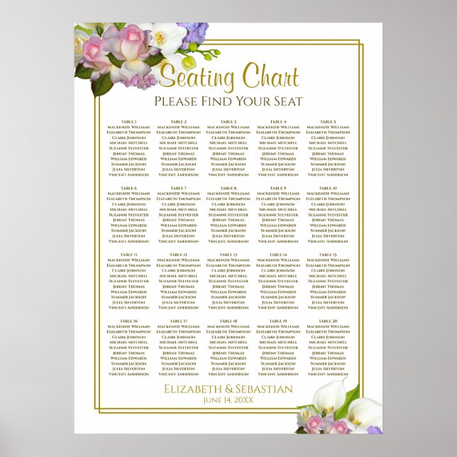 20 Table Spring Floral Wedding Seating Chart (Front)