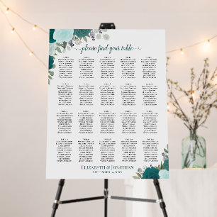 20 Table Teal Boho Roses Wedding Seating Chart Foam Board