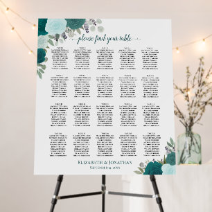 20 Table Teal Boho Roses Wedding Seating Chart Foam Board