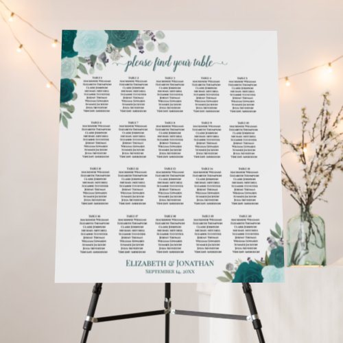 20 Table Teal Boho Roses Wedding Seating Chart Foam Board