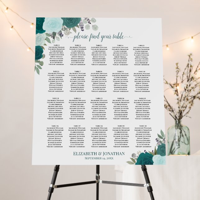 20 Table Teal Boho Roses Wedding Seating Chart Foam Board (In Situ (Stand))