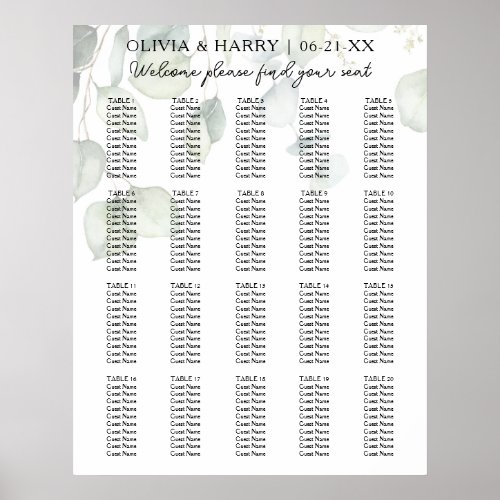 20 Table Watercolor Ecalyptus Wedding Seat Chart