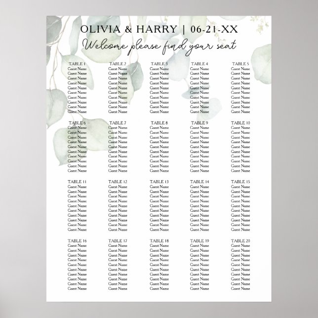 20 Table Watercolor Ecalyptus Wedding Seat Chart (Front)