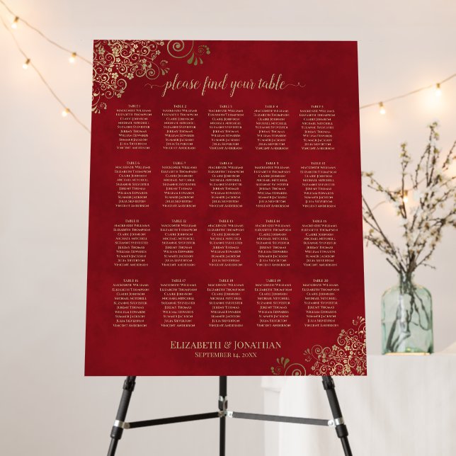 20 Table Wedding Seating Chart Crimson Red & Gold Foam Board (In Situ (Stand))