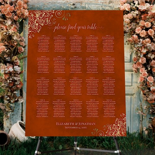 20 Table Wedding Seating Chart Rust Orange  Gold Foam Board