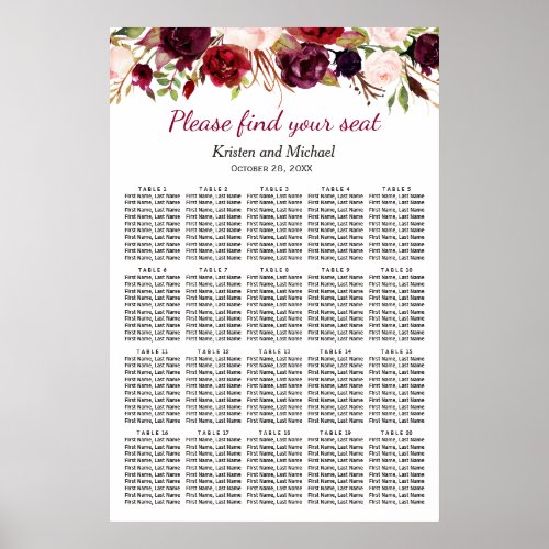 20 Tables Burgundy Floral Wedding Seating Chart