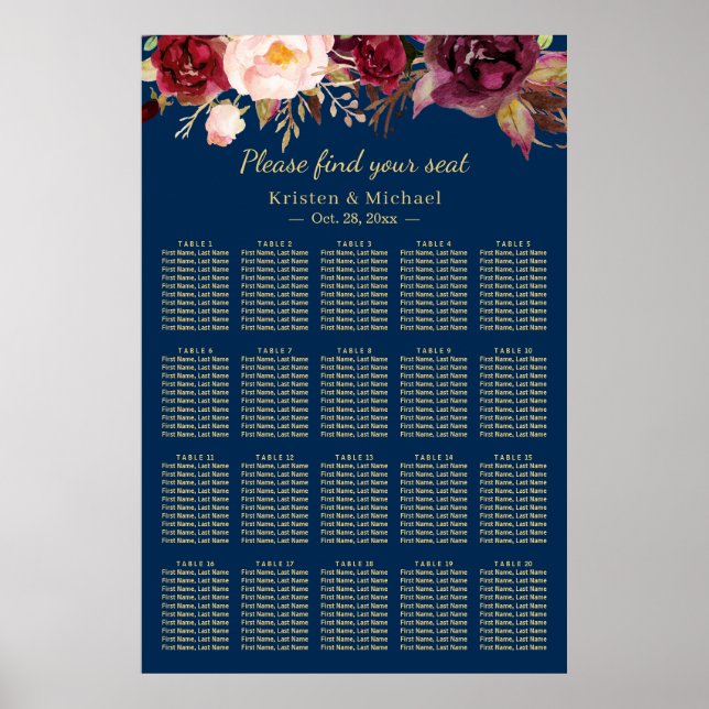 20 Tables Burgundy Floral Wedding Seating Chart (Front)