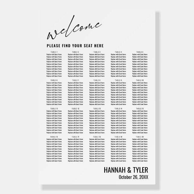 20 Tables Wedding Reception BW Seating Chart Foam Board (Front)